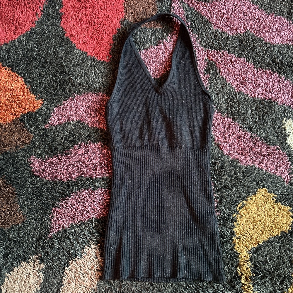 Black Glitter Ribbed Halter Vintage Tank Top